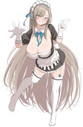 Rule 34 | 1girl, apron, asuna (blue archive), black dress, blue archive, blush, breasts, cleavage, detached collar, dress, elbow gloves, full body, gloves, grey hair, hair ornament, hands up, highres, large breasts, long hair, looking at viewer, maid headdress, narodenden, parted lips, short sleeves, simple background, smile, solo, standing, teeth, thighhighs, thighs, white apron, white background, white gloves, white headwear, white thighhighs