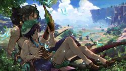 Rule 34 | 2boys, ahoge, alcohol, androgynous, argyle, argyle clothes, argyle legwear, arm guards, arm tattoo, armor, bare shoulders, beret, bird, black hair, blue hair, blurry, blurry background, bottle, braid, brooch, brown footwear, bug, butterfly, cliff, cloud, cloudy sky, collared shirt, corset, covered mouth, dappled sunlight, day, diamond (shape), eyeshadow, facial mark, falling leaves, flower, forehead mark, frilled sleeves, frills, gem, genshin impact, gloves, gradient hair, grass, green eyes, green gloves, green hair, green headwear, green shorts, hat, hat flower, highres, holding, holding bottle, insect, jewelry, leaf, light particles, long sleeves, lying, makeup, male focus, multicolored hair, multiple boys, on back, on person, open mouth, outdoors, pantyhose, parted bangs, red eyeshadow, rokuyo221, shirt, shoes, short hair with long locks, shorts, single bare shoulder, sky, smile, sunlight, tattoo, tree, twin braids, two-tone hair, venti (genshin impact), vision (genshin impact), white flower, white pantyhose, white shirt, wine, wine bottle, xiao (genshin impact), yellow eyes