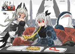 Rule 34 | 2girls, arknights, bird girl, blush, couch, donki (yeah), eating, food, gloves, grey eyes, grey hair, highres, holding, holding food, holding pizza, irene (arknights), long hair, multiple girls, on couch, pizza, red eyes, shark girl, signature, skadi (arknights), stuffed animal, stuffed toy, table