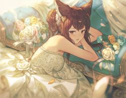 Rule 34 | animal ears, anthuria, bare shoulders, blush, breasts, bride, dress, erune, flower, granblue fantasy, hair ornament, looking at viewer, lying, official art, parted lips, red eyes, red hair, solo, wedding dress