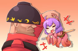 Rule 34 | &gt; &lt;, +++, 1boy, 1girl, ahoge, barefoot, bowl, bowl hat, brown hair, closed eyes, crossover, frown, gradient background, hat, highres, japanese clothes, kimono, laughing, lifting person, mini person, minigirl, needle, obi, open mouth, pointing, purple hair, red soldier (tf2), sash, short hair, simple background, soldier (tf2), sukuna shinmyoumaru, sweatdrop, team fortress 2, tears, touhou, valve, wool (miwol)