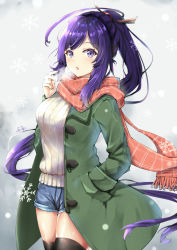 Rule 34 | 1girl, :o, black thighhighs, blush, breasts, breath, coat, commentary request, cowboy shot, denim, denim shorts, green coat, hair ornament, hair ribbon, hand in pocket, hand up, high ponytail, highres, large breasts, long hair, long sleeves, looking at viewer, open clothes, open coat, open mouth, plaid, plaid scarf, ponytail, purple eyes, purple hair, red ribbon, red scarf, ribbed sweater, ribbon, scarf, shinano (warship girls r), short shorts, shorts, skindentation, snowflakes, solo, sweater, thighhighs, very long hair, warship girls r, zhudacaimiao