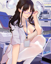 Rule 34 | 1girl, absurdres, black bra, bra, breasts, cleavage, coat, glasses, highres, hitomi o, id card, indoors, lab coat, laboratory, lanyard, large breasts, long hair, open clothes, open coat, original, pantyhose, purple eyes, real life, ribbed shirt, shirt, sleeves rolled up, smile, squatting, underwear, white pantyhose