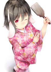 Rule 34 | 1girl, ;), absurdres, alternate costume, animal ears, black hair, blush, closed mouth, floppy ears, floral print, foreshortening, from above, hagoita, hair between eyes, highres, inaba tewi, japanese clothes, kimono, long sleeves, looking at viewer, looking up, obi, one eye closed, paddle, rabbit ears, red eyes, sash, short hair, smile, solo, standing, sugiyuu, touhou, wide sleeves