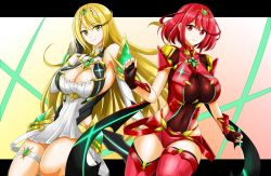 Rule 34 | 2girls, bare shoulders, blonde hair, breasts, cleavage, covered navel, dress, dual persona, female focus, fingerless gloves, gem, gloves, hisin, jewelry, large breasts, long hair, looking at viewer, matching hair/eyes, multiple girls, mythra (xenoblade), nintendo, pyra (xenoblade), red eyes, red hair, short hair, shorts, smile, swept bangs, thigh strap, thighhighs, tiara, white dress, xenoblade chronicles (series), xenoblade chronicles 2, yellow eyes