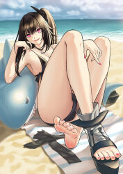Rule 34 | 1girl, architect (girls&#039; frontline), architect (nvw model) (girls&#039; frontline), arm rest, barefoot, beach, beach towel, bird, black footwear, black gloves, black hair, black one-piece swimsuit, breasts, cloud, cloudy sky, commentary request, crossed ankles, day, feet, fingerless gloves, fingernails, full body, girls&#039; frontline, gloves, unworn gloves, hair ornament, head rest, highres, ikarusflyhigh, inflatable shark, inflatable toy, jewelry, large breasts, legs, lipstick, long hair, looking at viewer, makeup, nail polish, necklace, ocean, one-piece swimsuit, one side up, outdoors, pink eyes, pink lips, pink nails, sand, sangvis ferri, seagull, shoes, unworn shoes, single shoe, sitting, sky, smile, soles, solo, swimsuit, toeless footwear, toenail polish, toenails, toes, towel, water, wet