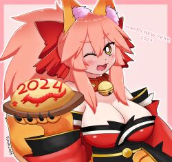 Rule 34 | 1girl, 2024, animal ear fluff, animal ears, animal hands, bare shoulders, bell, blush, bow, breasts, cat paws, cleavage, collar, detached sleeves, dragon, fang, fate/grand order, fate (series), fox ears, fox girl, fox tail, gloves, happy new year, highres, japanese clothes, jingle bell, keita naruzawa, kimono, large breasts, long hair, looking at viewer, neck bell, new year, one eye closed, open mouth, paw gloves, pink hair, ponytail, red kimono, red ribbon, ribbon, solo, tail, tamamo (fate), tamamo cat (fate), yellow eyes