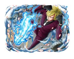 Rule 34 | 1boy, black gloves, black shirt, blonde hair, blue fire, commentary, curly eyebrows, english commentary, facial hair, fire, flaming leg, foot up, formal, gloves, hair over one eye, male focus, necktie, official alternate costume, official art, one piece, one piece treasure cruise, pants, sanji (one piece), shirt, short hair, solo, standing, standing on one leg, suit, white necktie
