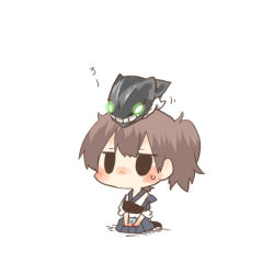 Rule 34 | 10s, 1girl, abyssal ship, black eyes, blush, box, brown hair, chibi, gift, gift box, glowing, glowing eyes, green eyes, grin, kaga (kancolle), kantai collection, lowres, object on head, rebecca (keinelove), ribbon, ro-class destroyer, short hair, side ponytail, sitting, smile, translation request