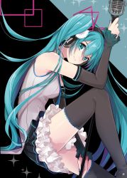 Rule 34 | 1girl, absurdres, aqua eyes, aqua hair, bare shoulders, black background, black skirt, black sleeves, black thighhighs, blue nails, breasts, commentary, cowboy shot, detached sleeves, frilled skirt, frills, from side, grey shirt, hair ornament, hatsune miku, headphones, highres, holding, holding microphone stand, long hair, looking at viewer, mamo (fortune-mm), microphone, microphone stand, miniskirt, nail polish, pleated skirt, shirt, sitting, skirt, sleeveless, sleeveless shirt, small breasts, smile, solo, star (symbol), thighhighs, twintails, very long hair, vocaloid