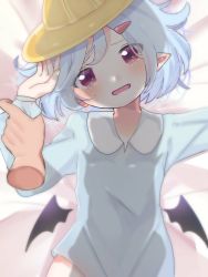 Rule 34 | 1girl, alternate costume, arm up, bed sheet, black wings, blue hair, blue shirt, blush, collared shirt, detached wings, disembodied hand, eringi (rmrafrn), fang, fingernails, hair ornament, hairclip, hat, head tilt, holding another&#039;s wrist, looking at viewer, low wings, lying, mini wings, on back, open mouth, pointy ears, red eyes, remilia scarlet, school hat, shadow, shirt, solo focus, tears, touhou, wings, yellow hat