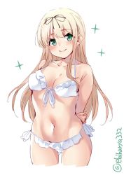 Rule 34 | 1girl, arms behind back, bikini, blonde hair, blush, breasts, cleavage, closed mouth, collarbone, cowboy shot, cropped legs, ebifurya, frilled bikini, frills, front-tie bikini top, front-tie top, gluteal fold, green eyes, groin, hair between eyes, hair ribbon, highres, kantai collection, long hair, looking at viewer, medium breasts, navel, ribbon, side-tie bikini bottom, simple background, smile, solo, standing, stomach, straight hair, swimsuit, twitter username, white background, white bikini, yuudachi (kancolle)