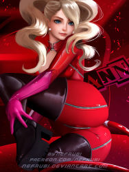 Rule 34 | 1girl, ass, blonde hair, blue eyes, bodysuit, boots, breasts, cat tail, earrings, high heel boots, high heels, highres, jewelry, large breasts, long hair, persona, persona 5, solo, tagme, tail, takamaki anne, twintails, zipper