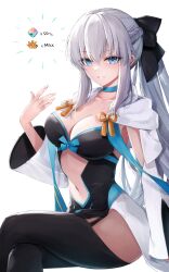 Rule 34 | 1girl, black bow, black dress, black thighhighs, blue choker, blue eyes, bow, braid, breasts, choker, cleavage, clothing cutout, collarbone, commentary request, crossed legs, dress, fate/grand order, fate (series), fingernails, french braid, gameplay mechanics, grey hair, grin, hair between eyes, hair bow, hane yuki, highres, large breasts, long hair, long sleeves, looking at viewer, morgan le fay (fate), navel, sidelocks, sitting, smile, solo, stomach, stomach cutout, thighhighs, thighs, two-tone dress, very long hair, white background, white dress, wide sleeves