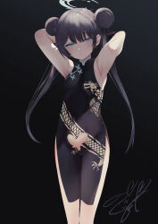 Rule 34 | 1girl, armpits, arms behind back, arms behind head, black hair, blue archive, blue eyes, breasts, china dress, chinese clothes, double bun, dragon print, dress, hair bun, hair ornament, halo, highres, kisaki (blue archive), long hair, looking at viewer, noto kurumi, parted lips, sleeveless, sleeveless dress, small breasts, solo, twintails