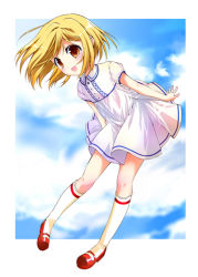 1girl aged_down blonde_hair blush brown_eyes child cloud dress female_focus frills higurashi_no_naku_koro_ni kneehighs mary_janes open_mouth shoes short_hair sky smile socks solo suzuragi_karin tanashi_miyoko