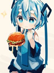Rule 34 | 1girl, aqua eyes, aqua hair, aqua necktie, bare shoulders, black skirt, black sleeves, burger, cheese trail, commentary, cowboy shot, detached sleeves, eating, food, grey shirt, hair ornament, hands up, hatsune miku, highres, hikimayu, holding, holding food, long hair, looking at food, necktie, pleated skirt, shirt, shoulder tattoo, skirt, sleeveless, sleeveless shirt, solo, sparkle, sparkling eyes, syare 0603, tattoo, twintails, very long hair, vocaloid