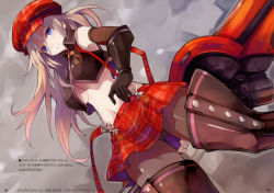 Rule 34 | 10s, 1girl, absurdres, alisa ilinichina amiella, blue eyes, boots, breasts, dutch angle, gloves, god eater, god eater burst, hat, highres, image sample, long hair, medium breasts, midriff, panties, panties under pantyhose, pantyhose, pantyshot, plaid, plaid skirt, shibano kaito, skirt, solo, suspenders, sword, thigh boots, thighhighs, underboob, underwear, upskirt, weapon