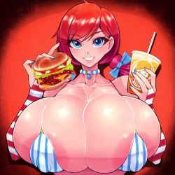 Rule 34 | 1girl, alternate breast size, areola slip, bikini, blue bow, blue eyes, blue nails, body freckles, bow, braid, breasts, bridal gauntlets, burger, bursting breasts, collar, covered erect nipples, cup, disposable cup, drink, drinking straw, food, freckles, gigantic breasts, gloves, gradient background, grin, hair bow, highres, jewelry, large areolae, nail polish, necklace, product girl, red background, red hair, shiny skin, simple background, skindentation, smile, striped bikini, striped clothes, striped gloves, swimsuit, tokyokyoto, twin braids, twintails, upper body, vertical-striped bikini, vertical-striped clothes, wendy&#039;s, wendy (wendy&#039;s)