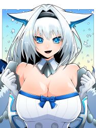 Rule 34 | 1girl, absurdres, animal ear fluff, animal ears, bare shoulders, blue bow, blue eyes, blush, bow, breasts, cat ears, cat girl, cleavage, detached collar, dobrynya nikitich (fate), dobrynya nikitich (third ascension) (fate), dress, fate/grand order, fate (series), fur trim, gloves, hair bow, hairband, highres, large breasts, long hair, looking at viewer, low ponytail, open mouth, smile, solo, wagu neru, white dress, white gloves, white hair