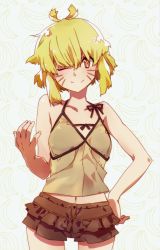 Rule 34 | 10s, 1girl, argo the rat, banana, blonde hair, breasts, camisole, derivative work, facial mark, food, fruit, highres, jewelry, key, key necklace, looking at viewer, navel, necklace, one eye closed, short hair, short shorts, shorts, small breasts, smile, solo, swimsuit, sword art online, sword art online progressive, whisker markings, yellow eyes
