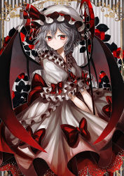 Rule 34 | 1girl, abandon ranka, ascot, bat wings, blue hair, dress, floral background, frills, hat, hat ribbon, highres, looking at viewer, mob cap, puffy sleeves, red eyes, remilia scarlet, ribbon, short hair, short sleeves, solo, spear the gungnir, striped, striped background, touhou, vampire, wings
