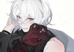 Rule 34 | 1boy, a date with death, bare shoulders, bishounen, black gloves, blush, casper (a date with death), coat, gloves, jacket, long hair, male focus, mtk (souko), red eyes, simple background, sleeveless, solo, toned, toned male, upper body, white background, white hair
