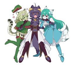 Rule 34 | 3girls, an sin, animal ears, araga kiwi, biting, blonde hair, boots, cat ears, cat girl, cat tail, closed eyes, corset, elbow gloves, fangs, fox ears, fox girl, fox tail, furrification, furry, furry female, furry with furry, girl sandwich, gloves, green hair, hat, heart, highres, hiiragi utena, leopard ears, leopard girl, leopard tail, leoparde (mahou shoujo ni akogarete), licking, light blush, love triangle, magia azure, magia baiser, magical girl, mahou shoujo ni akogarete, military hat, military uniform, minakami sayo, multiple girls, open mouth, pasties, purple hair, red eyes, sandwiched, simple background, star-shaped pupils, star (symbol), star pasties, symbol-shaped pupils, tail, tail wagging, thong, tongue, uniform, white background, yellow eyes, yuri