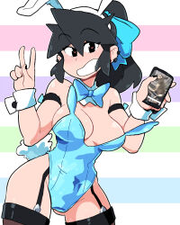 Rule 34 | 1girl, animal ears, black eyes, black hair, black nails, black thighhighs, blue bow, blue bowtie, blue leotard, bow, bowtie, breasts, covered navel, cowboy shot, detached collar, ear piercing, earrings, fake animal ears, fake tail, hair bow, hairband, heart, heart-shaped pupils, highres, jewelry, leotard, long hair, lucia (scott malin), medium breasts, original, parted lips, piercing, playboy bunny, ponytail, rabbit ears, rabbit tail, red pupils, scott malin, smile, strapless, strapless leotard, symbol-shaped pupils, tail, thighhighs, white hairband, wrist cuffs