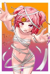 Rule 34 | 1girl, absurdres, bandages, breasts, broly matsumoto, collarbone, doki doki literature club, english text, food-themed hair ornament, gradient background, hair ornament, highres, looking at viewer, nail polish, naked bandage, natsuki (doki doki literature club), navel, pink eyes, pink hair, pumpkin hair ornament, short hair, short twintails, small breasts, sweatdrop, trick or treat, twintails