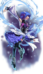Rule 34 | 1girl, aqua (kingdom hearts), bare shoulders, blue eyes, blue hair, breasts, detached sleeves, emmmerald, female focus, full body, gloves, gradient background, highres, kingdom hearts, kingdom hearts birth by sleep, matching hair/eyes, solo, thighhighs, water, white background