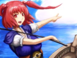 Rule 34 | 1girl, bad id, bad pixiv id, boat, coin, female focus, hair bobbles, hair ornament, m55, onozuka komachi, open mouth, pointing, red eyes, red hair, short hair, solo, touhou, twintails, two side up, water, watercraft