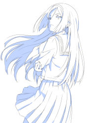Rule 34 | 10s, 1girl, blue theme, closed mouth, cowboy shot, crossed arms, floating hair, from side, hairband, hyouka, irisu fuyumi, lineart, long hair, long skirt, long sleeves, looking at viewer, looking back, monochrome, neckerchief, parsley-f, pleated skirt, sailor collar, school uniform, serafuku, sidelocks, skirt, solo, very long hair