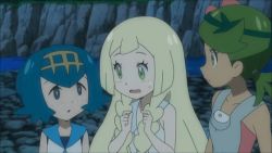 Rule 34 | 3girls, blonde hair, blue hair, blush, creatures (company), game freak, green hair, lana (pokemon), lillie (pokemon), mallow (pokemon), multiple girls, nintendo, pokemon, pokemon (anime), pokemon sm, pokemon sm (anime), twiddling fingers