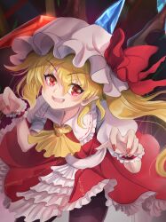 Rule 34 | 1girl, ascot, blonde hair, bow, crystal, doyagao, fang, flandre scarlet, hat, hat ribbon, highres, mob cap, namiki (remiter00), one side up, open mouth, pantyhose, puffy short sleeves, puffy sleeves, red eyes, red skirt, red vest, ribbon, short hair, short sleeves, side ponytail, skirt, slit pupils, smile, smug, solo, touhou, vest, white hat, wings, yellow ascot