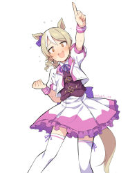 Rule 34 | 1girl, @ @, animal ears, arm up, back bow, blush, bow, bowtie, brown eyes, clenched hand, cosplay, dot nose, drill hair, fake animal ears, fake tail, flying sweatdrops, frilled skirt, frills, hair bow, hand up, horse ears, horse tail, idolmaster, idolmaster cinderella girls, index finger raised, jacket, legs, light brown hair, looking at viewer, medium hair, morikubo nono, multicolored hair, open mouth, pink wristband, pointing, pointing up, puffy short sleeves, puffy sleeves, purple bow, purple bowtie, purple vest, revision, shirt, short sleeves, skirt, solo, special week (umamusume), special week (umamusume) (cosplay), sweat, tail, thighhighs, thighs, translation request, two-tone hair, uccow, umamusume, vest, wavy mouth, white background, white hair, white jacket, white shirt, white skirt, white thighhighs, wing collar, wristband
