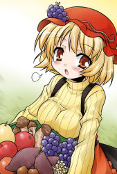 Rule 34 | 1girl, aki minoriko, akou roushi, apple, blonde hair, blush, breast rest, breasts, female focus, food, fruit, grapes, hat, mushroom, red eyes, revision, ribbed sweater, short hair, solo, sweater, touhou
