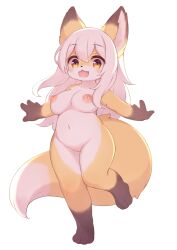 Rule 34 | 1girl, absurdres, animal ears, animal feet, animal nose, barefoot, blonde hair, body fur, breasts, brown eyes, cleft of venus, completely nude, fang, female focus, fox ears, fox girl, fox tail, full body, furry, furry female, groin, highres, large breasts, leg up, legs, long hair, matsuu (akiomoi), nipples, nude, open mouth, oppai loli, original, outstretched arms, pussy, smile, solo, standing, standing on one leg, tail, thighs