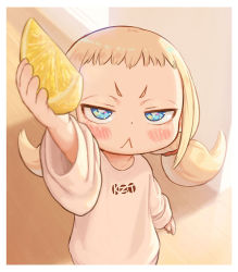Rule 34 | 1girl, :&lt;, arm up, blonde hair, blue eyes, border, child, commentary request, food, fruit, kozato (yu kozato), lemon, long sleeves, low twintails, original, shirt, short twintails, solo, twintails, white border, white shirt