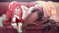 Rule 34 | 1girl, black-framed eyewear, black footwear, black pantyhose, blush, boots, can, collared shirt, commentary request, couch, glasses, grey eyes, highres, holding, holding can, ktr (tpun2553), light blush, long hair, long sleeves, looking at viewer, lying, makise kurisu, necktie, on side, open mouth, pantyhose, red necktie, shirt, smile, solo, steins;gate, white shirt