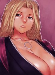 Rule 34 | 00s, 1girl, between breasts, bleach, blonde hair, blue eyes, breasts, cleavage, closed mouth, expressionless, frown, fumio (rsqkr), huge breasts, japanese clothes, jewelry, kimono, lips, long hair, looking at viewer, matsumoto rangiku, mole, mole under mouth, necklace, outline, purple background, shawl, simple background, sketch, solo, upper body