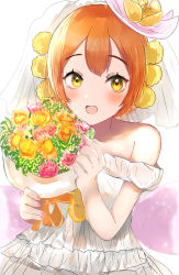 Rule 34 | 1girl, absurdres, artist name, artist request, back bow, bare shoulders, bouquet, bow, breasts, cherry blossoms, choker, cleavage, close-up, collarbone, dress, earrings, female focus, flower, gloves, green eyes, hair between eyes, hair flower, hair ornament, highres, holding, holding bouquet, hoshizora rin, jewelry, looking at viewer, love live!, love live! school idol festival, love live! school idol project, love wing bell, love wing bell (love live!), miniskirt, nail, nail polish, orange flower, orange hair, parted lips, pink bow, pink nails, plaid, plaid dress, plaid skirt, pleated, pleated dress, pleated skirt, pom pom (clothes), pom pom hair ornament, short dress, short hair, skirt, sleeveless, sleeveless dress, small breasts, smile, solo, strapless, strapless dress, sunya (honorin-yuunibo), sunya (honorin megumin), sunya (pixiv17390904), veil, wedding dress, white background, white choker, white dress, white gloves, white skirt, white veil, white wrist cuffs, wrist cuffs, yellow eyes, yellow flower