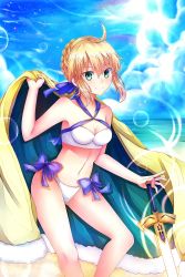 Rule 34 | 1girl, ahoge, artoria pendragon (fate), artoria pendragon (swimsuit archer) (fate), artoria pendragon (swimsuit archer) (first ascension) (fate), bikini, blonde hair, blue bow, blue sky, bow, breasts, cape, cleavage, cloud, day, excalibur (fate/stay night), fate/grand order, fate (series), green eyes, hair between eyes, hair bow, halterneck, hand on hilt, highres, holding, lens flare, medium breasts, navel, ocean, outdoors, short hair with long locks, sidelocks, sky, smile, soda (sodachuxd), solo, standing, swimsuit, white bikini, yellow cape
