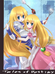 Rule 34 | 1boy, 1girl, apron, armor, belt, blonde hair, blue eyes, breasts, brother and sister, dress, frills, gloves, kika (pororororo), ladle, lilith aileron, long hair, open mouth, pants, siblings, stahn aileron, tales of (series), tales of destiny