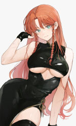 Rule 34 | 1girl, alternate costume, aqua eyes, arm support, black dress, black gloves, blush, braided sidelock, breasts, china dress, chinese clothes, clothing cutout, contrapposto, covered navel, dress, fingerless gloves, gloves, head tilt, highres, hong meiling, latex, latex dress, leaning to the side, long hair, looking at viewer, medium breasts, orange hair, parted lips, sarukana, simple background, sleeveless, sleeveless dress, smile, solo, touhou, underboob, underboob cutout, very long hair, white background