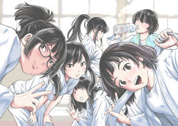 6+girls :d bandaged_fingers bandages belt black_hair bottle commentary_request drinking glasses high_ponytail holding holding_bottle indoors judo long_hair looking_at_viewer multiple_girls muraoka_yuu open_mouth original ponytail short_hair smile teeth twintails upper_teeth_only white_belt white_theme window