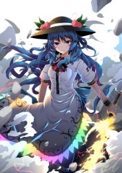 Rule 34 | 1girl, ascot, backlighting, black hat, blue hair, bow, buttons, cloud, destruction, dress, expressionless, floating hair, food, fruit, glowing, glowing sword, glowing weapon, hat, highres, hinanawi tenshi, holding, holding sword, holding weapon, long hair, looking at viewer, neck ribbon, peach, puffy short sleeves, puffy sleeves, rainbow order, red bow, red eyes, red ribbon, ribbon, rihito (usazukin), serious, short sleeves, simple background, smoke, solo, sparkle, standing, sword, sword of hisou, touhou, upper body, wavy hair, weapon, white background, white dress, wind, wing collar