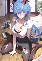 Rule 34 | 1girl, absurdres, ahoge, beer can, bell, black bra, black pantyhose, black skirt, blue hair, blue nails, blush, bra, breasts, can, choker, collared shirt, contemporary, cowbell, crossed bangs, dress shirt, drink can, ganyu (genshin impact), genshin impact, goat horns, hair between eyes, high heels, highres, horns, id card, indoors, lanyard, large breasts, long hair, looking at viewer, low ponytail, nail polish, netural, nose blush, office lady, open mouth, pantyhose, partially unbuttoned, pencil skirt, plant, purple eyes, raised eyebrows, shirt, shoes, single shoe, sitting, skirt, solo, spill, squiggle, sweat, torn clothes, torn pantyhose, underwear, unworn shoe, unworn shoes, very long hair, wariza, white shirt, wing collar, wooden floor