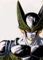 Rule 34 | 1boy, armor, cell (dragon ball), colored skin, dragon ball, dragonball z, evil, evil grin, evil smile, grin, helmet, highres, male focus, muscular, perfect cell, red eyes, smile, smirk, solo, traditional media, white skin