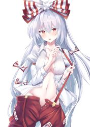 Rule 34 | 1girl, blush, bow, breasts, collarbone, fujiwara no mokou, grey hair, groin, hair bow, highres, i.f.s.f, large breasts, long hair, long sleeves, looking at viewer, navel, open clothes, open shirt, pants, red eyes, red pants, shirt, simple background, solo, touhou, white background, white bow, white shirt